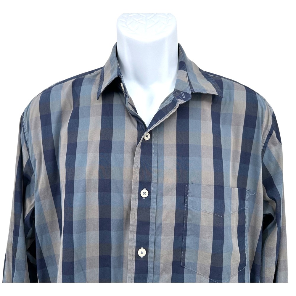 COLE HAAN Gray & Navy Plaid Button Front Cotton Stretch Shirt Men's Large